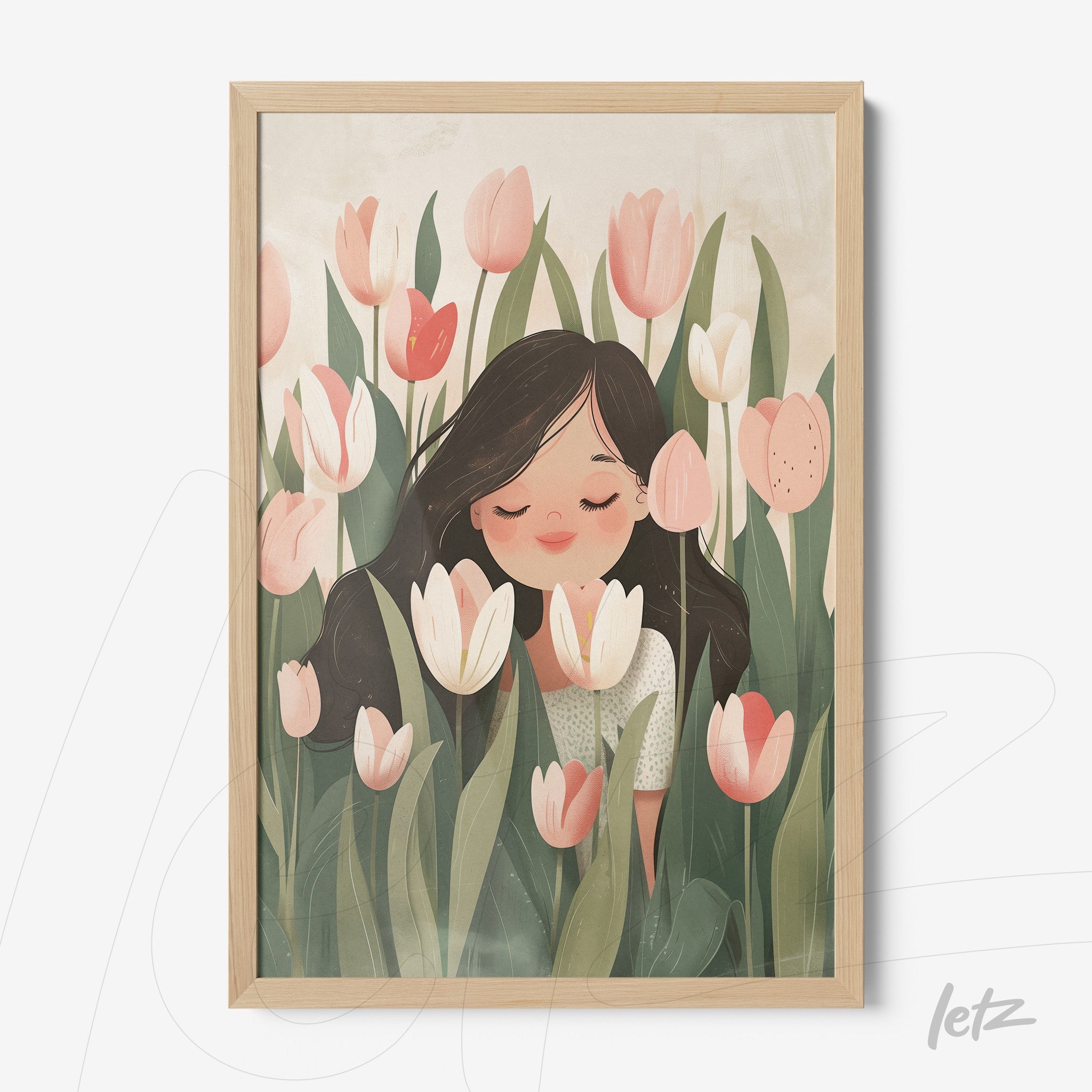 framed artwork featuring a cute girl smelling white and pink flowers amidst tulips with a light wooden frame