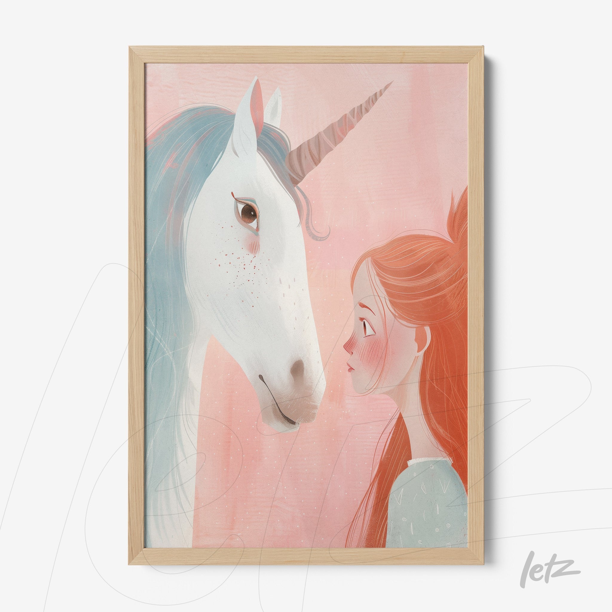 framed art featuring an illustration of a girl and a unicorn against a soft pink background with a light wood frame