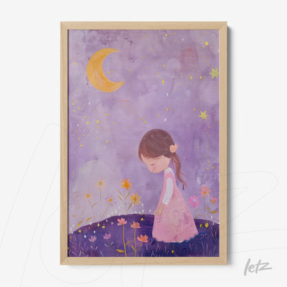 framed art print featuring a girl in a pink dress in a flower field under a purple sky with a crescent moon, light wood frame