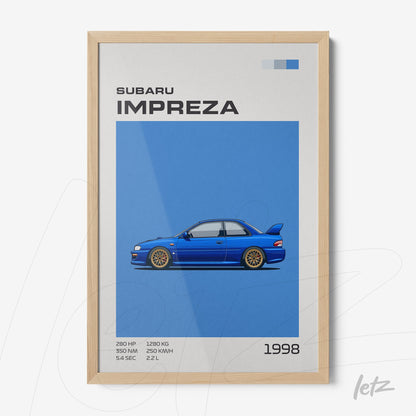 framed wall art featuring a digital illustration of a blue Subaru Impreza with light wood frame