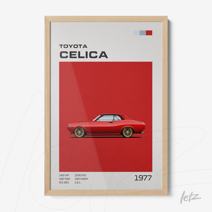 framed artwork of a red Toyota Celica against a vibrant red background with light wooden frame