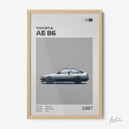 framed wall art featuring a minimalist illustration of a Toyota AE 86 car with light wood frame