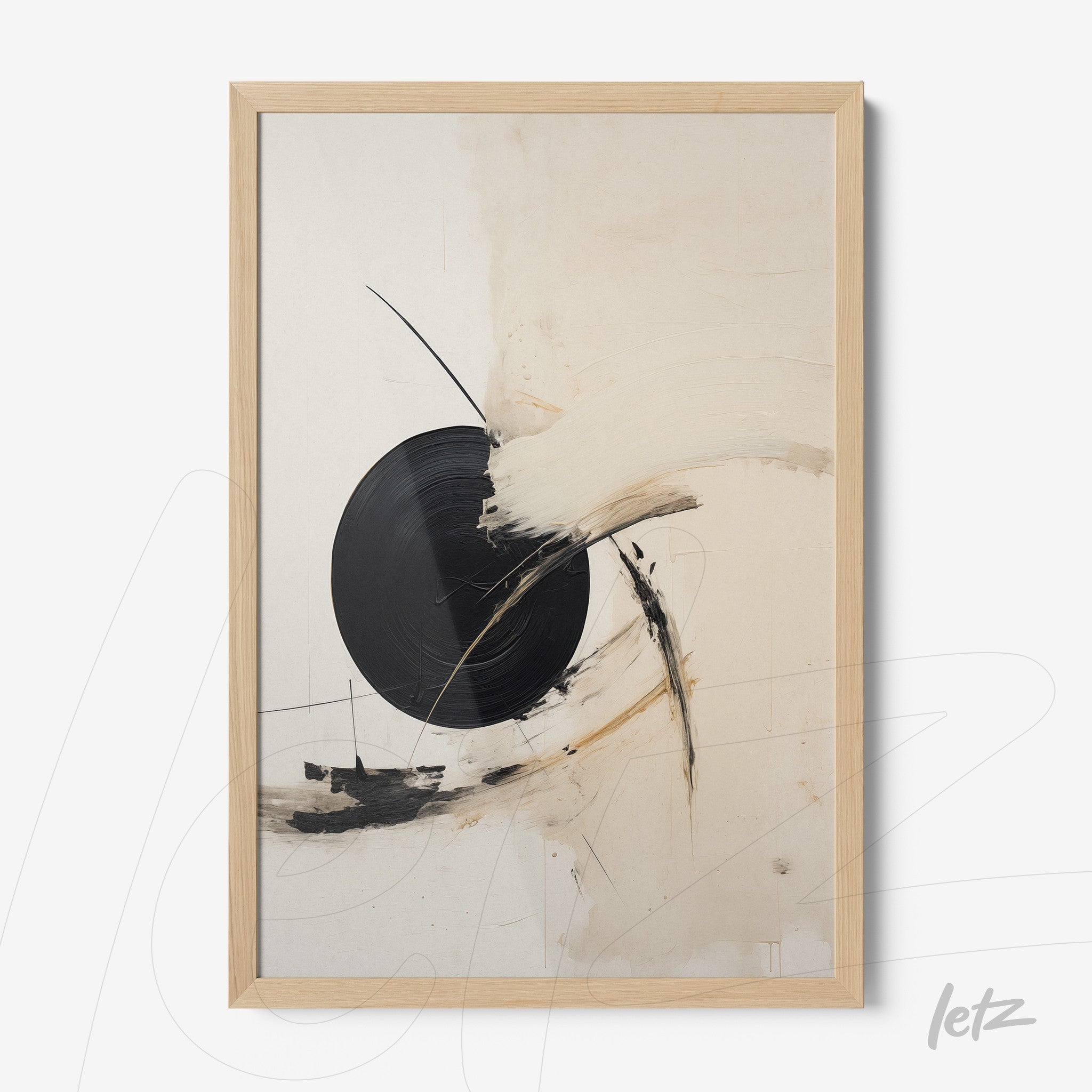 modern wall art featuring an abstract composition in neutral tones with a black circle and light wood frame