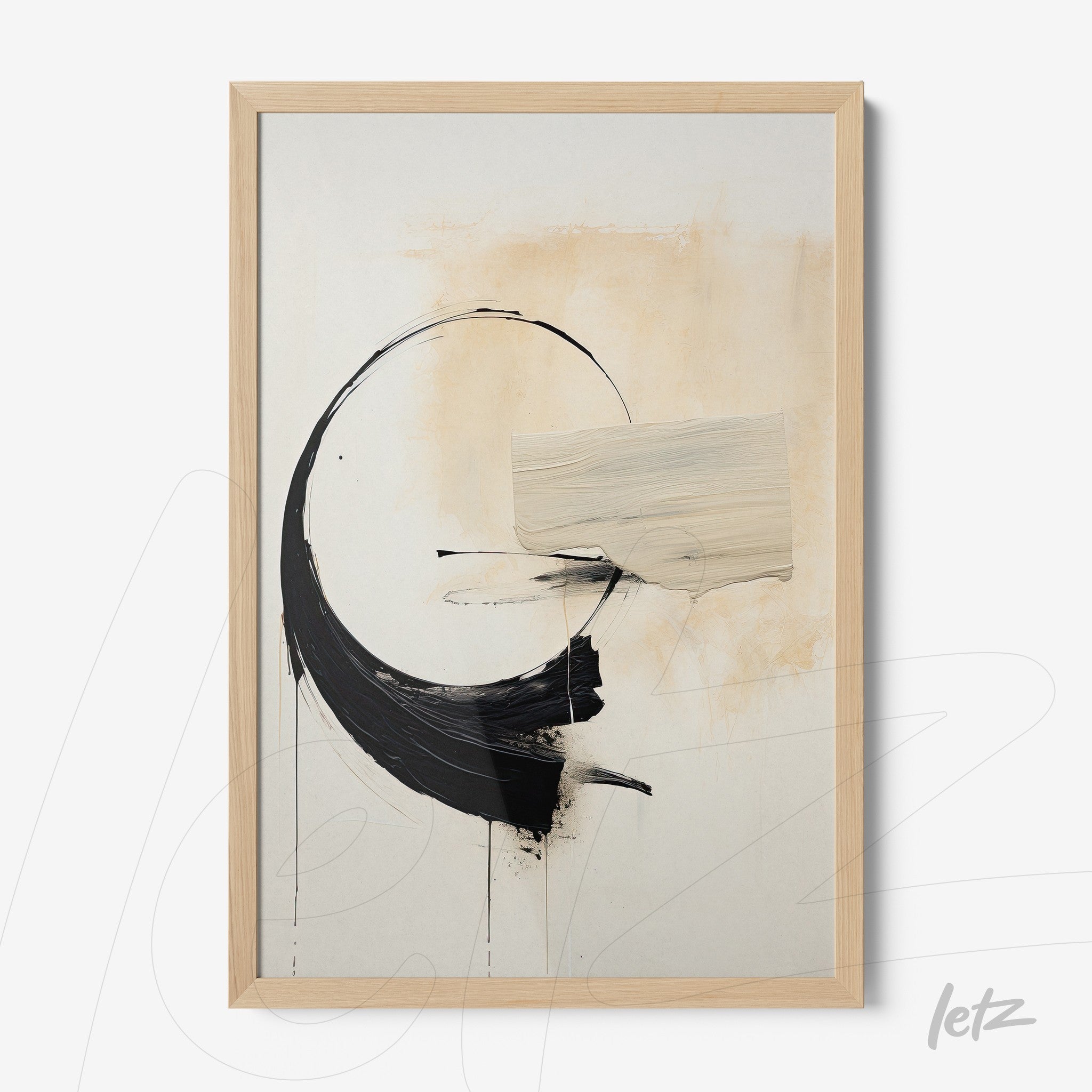 abstract wall art in black and beige tones, featuring a light wood frame