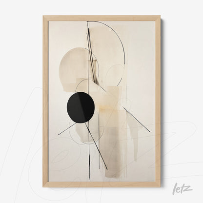 framed abstract wall art in neutral tones and black with light wood frame