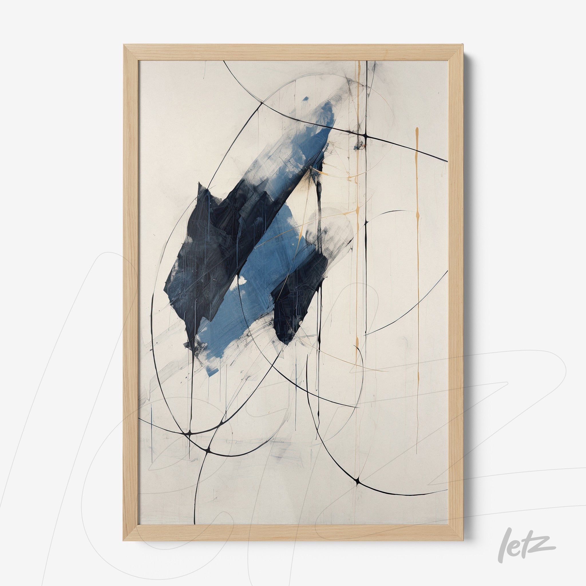 abstract artwork in shades of blue and black with light wooden frame