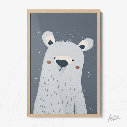 minimalist illustration of a polar bear in a light wood frame