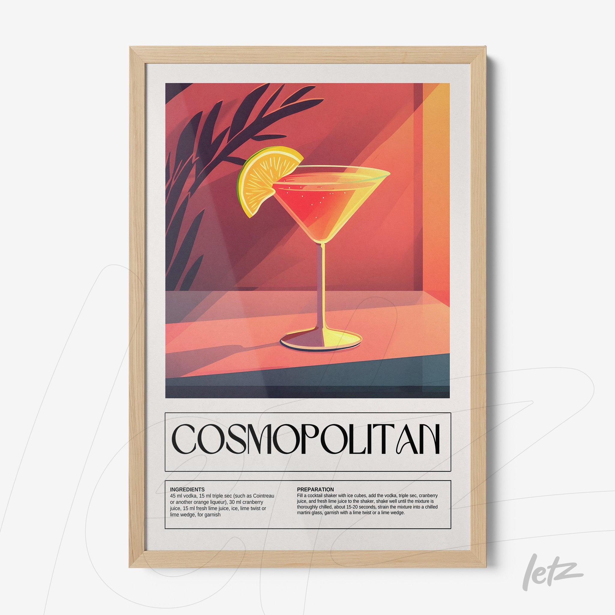 framed art print of a stylized cosmopolitan cocktail with a light wood frame