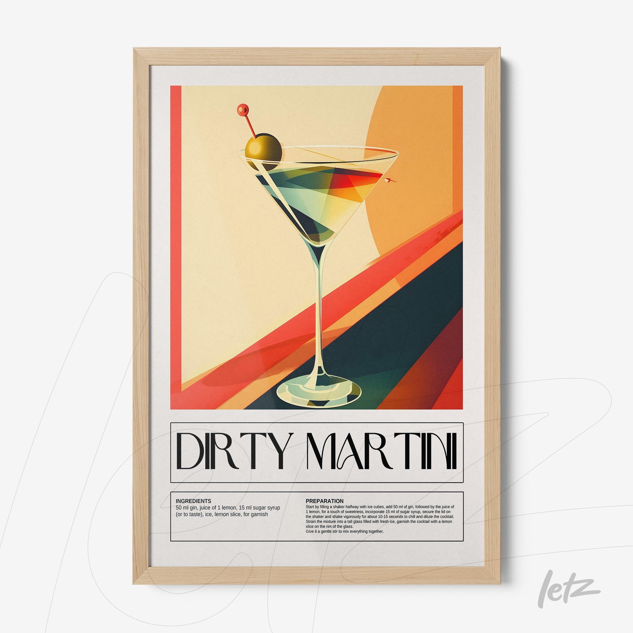 retro style framed art depicting a dirty martini cocktail with light frame