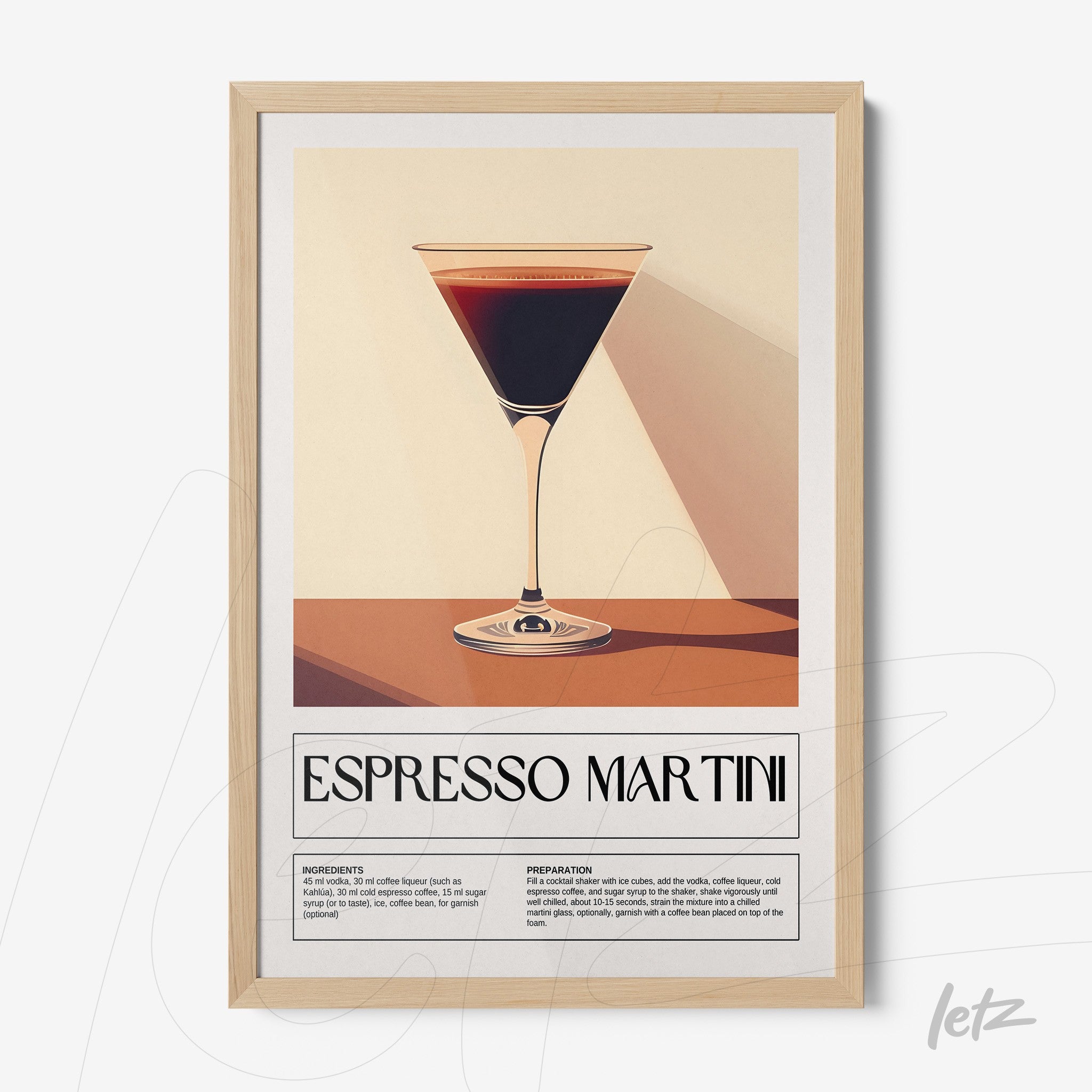 framed art of espresso martini cocktail in light wood frame