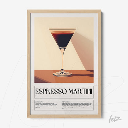 framed art of espresso martini cocktail in light wood frame