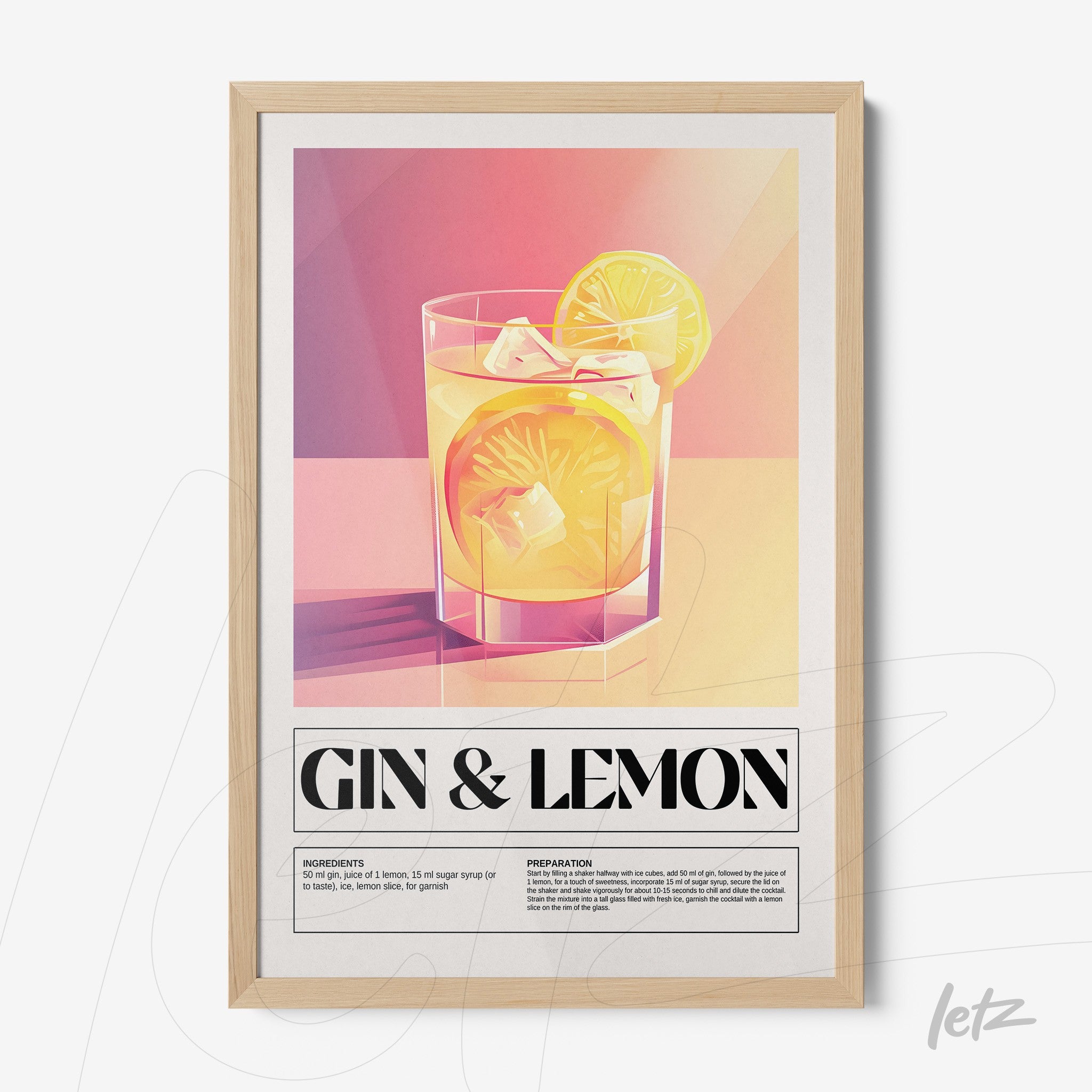 framed artwork featuring a graphic illustration of gin and lemon drink with light wood frame
