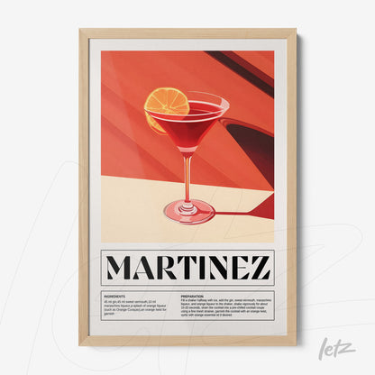 framed digital art of martinez cocktail with light frame, featuring warm background tones and text description
