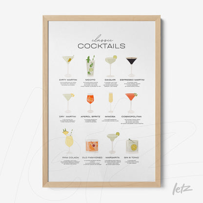 framed artwork featuring illustrations of classic cocktails with light wood frame