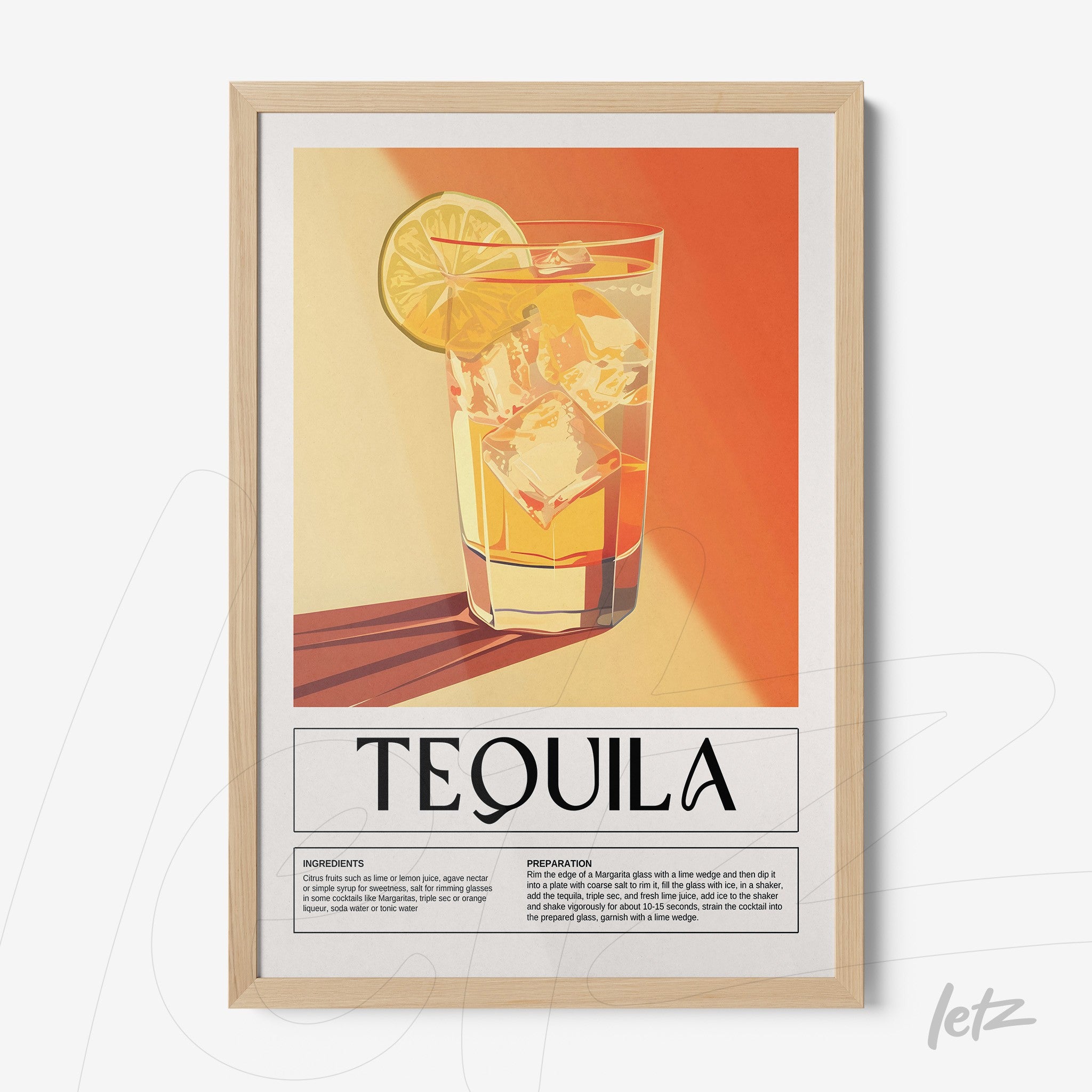 retro illustration framed art of tequila cocktail in light wood frame with warm background colors