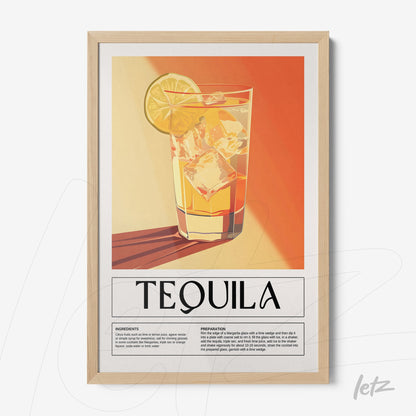 retro illustration framed art of tequila cocktail in light wood frame with warm background colors