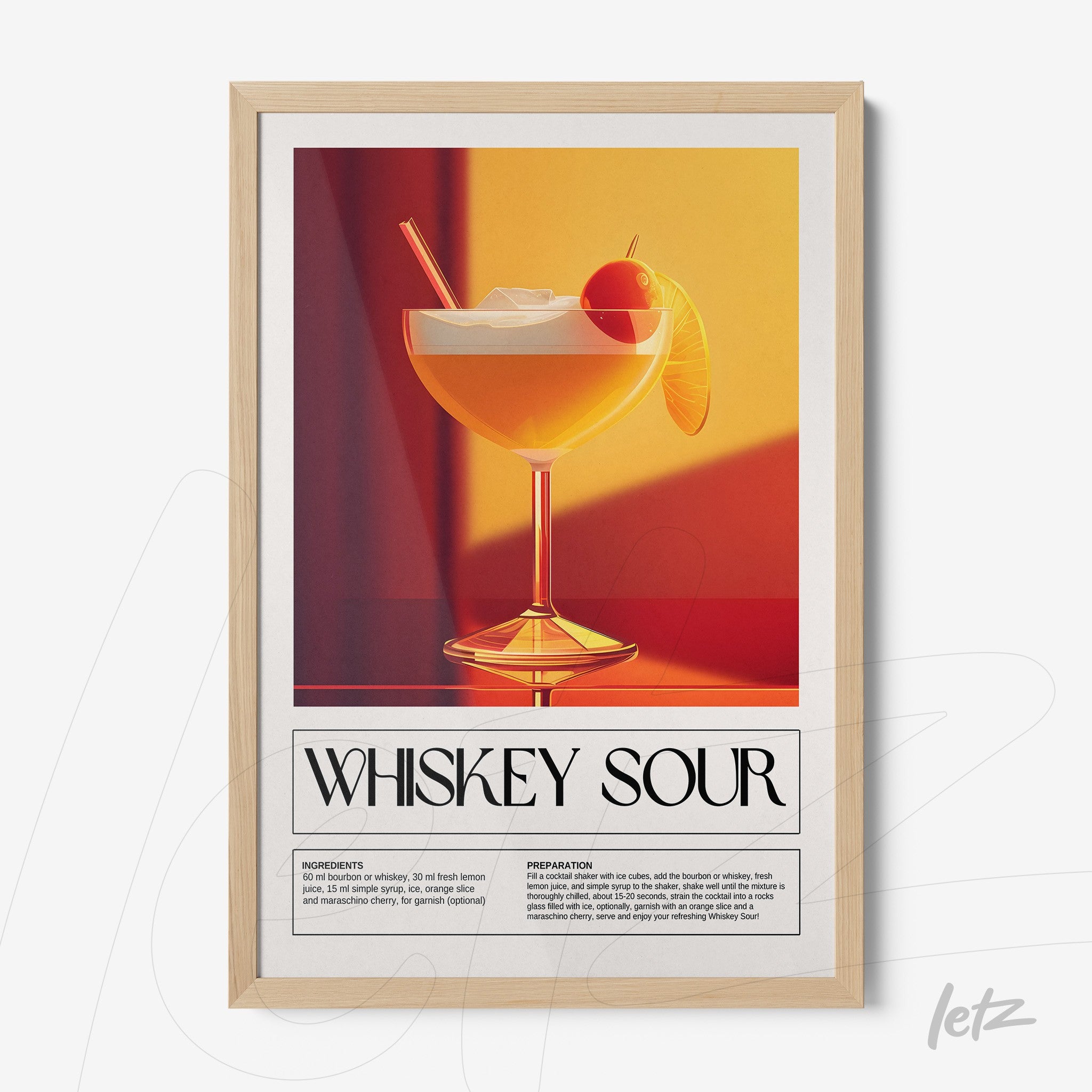 retro style framed artwork of a whiskey sour cocktail with light frame and orange background