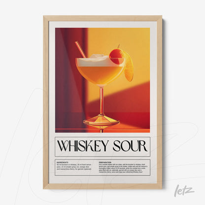 retro style framed artwork of a whiskey sour cocktail with light frame and orange background