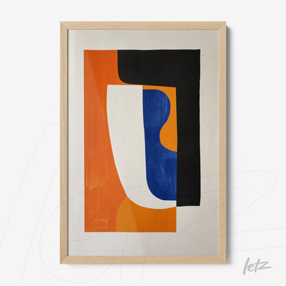 framed art piece featuring vibrant abstract shapes in blue, orange, and black with wooden frame