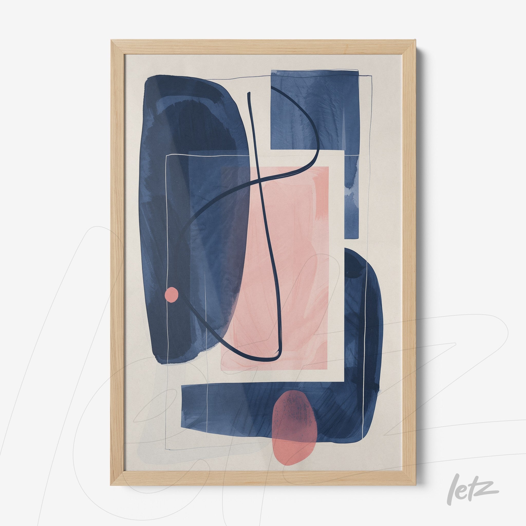 framed abstract wall art in shades of blue, pink, and beige with light wood frame