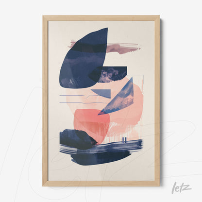 framed artwork featuring abstract shapes in shades of blue and pink with a light wood frame