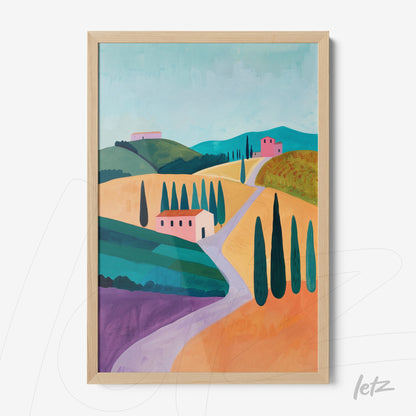 framed artwork featuring a colorful landscape of Italian hills with pink houses and cypress trees