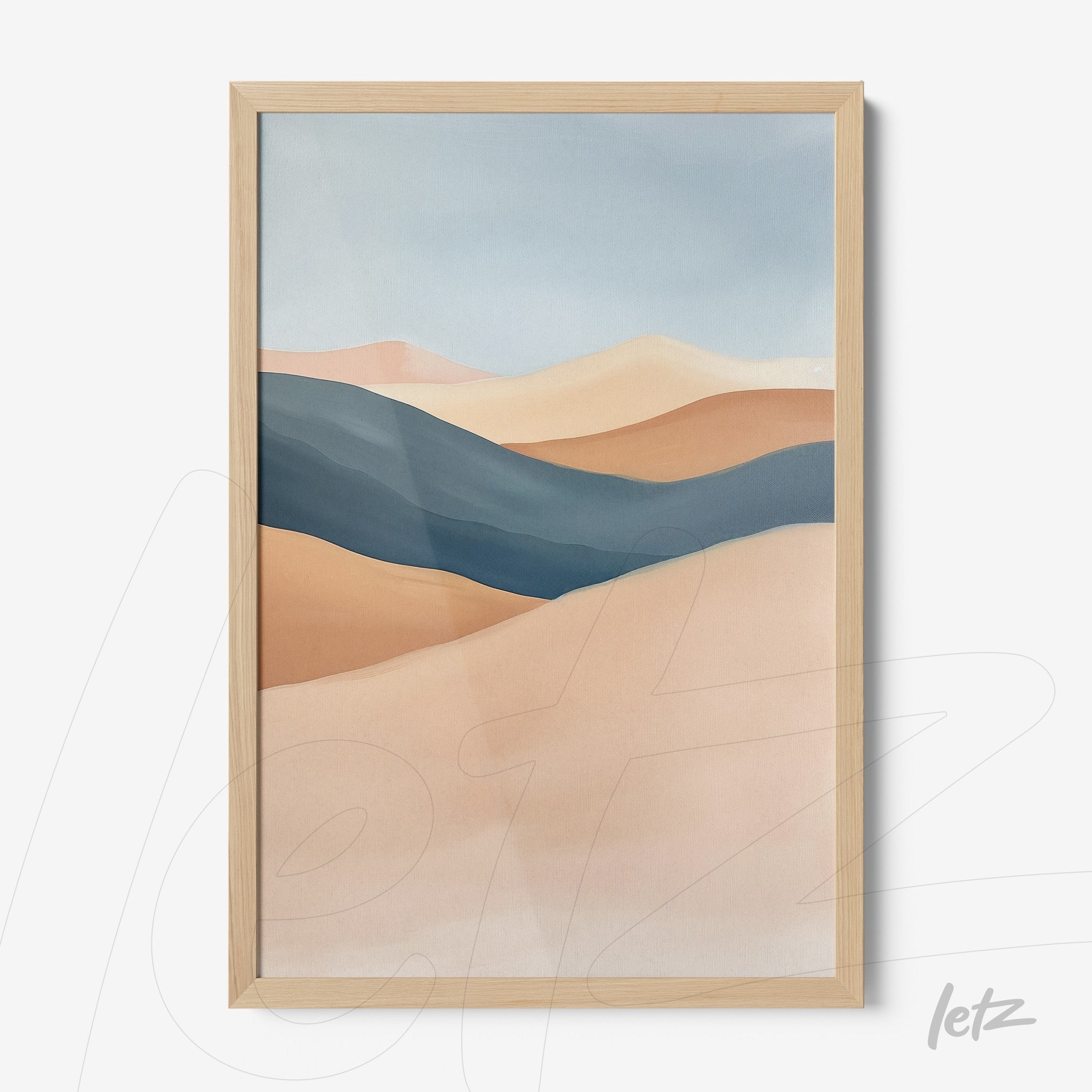 framed abstract wall art depicting a landscape in shades of blue and beige with light wood frame