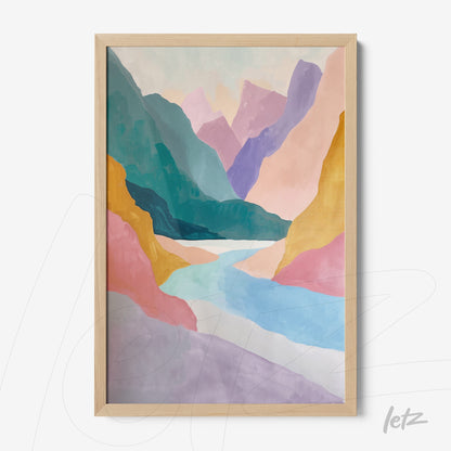 framed wall art featuring abstract colorful mountain landscape with light wood frame
