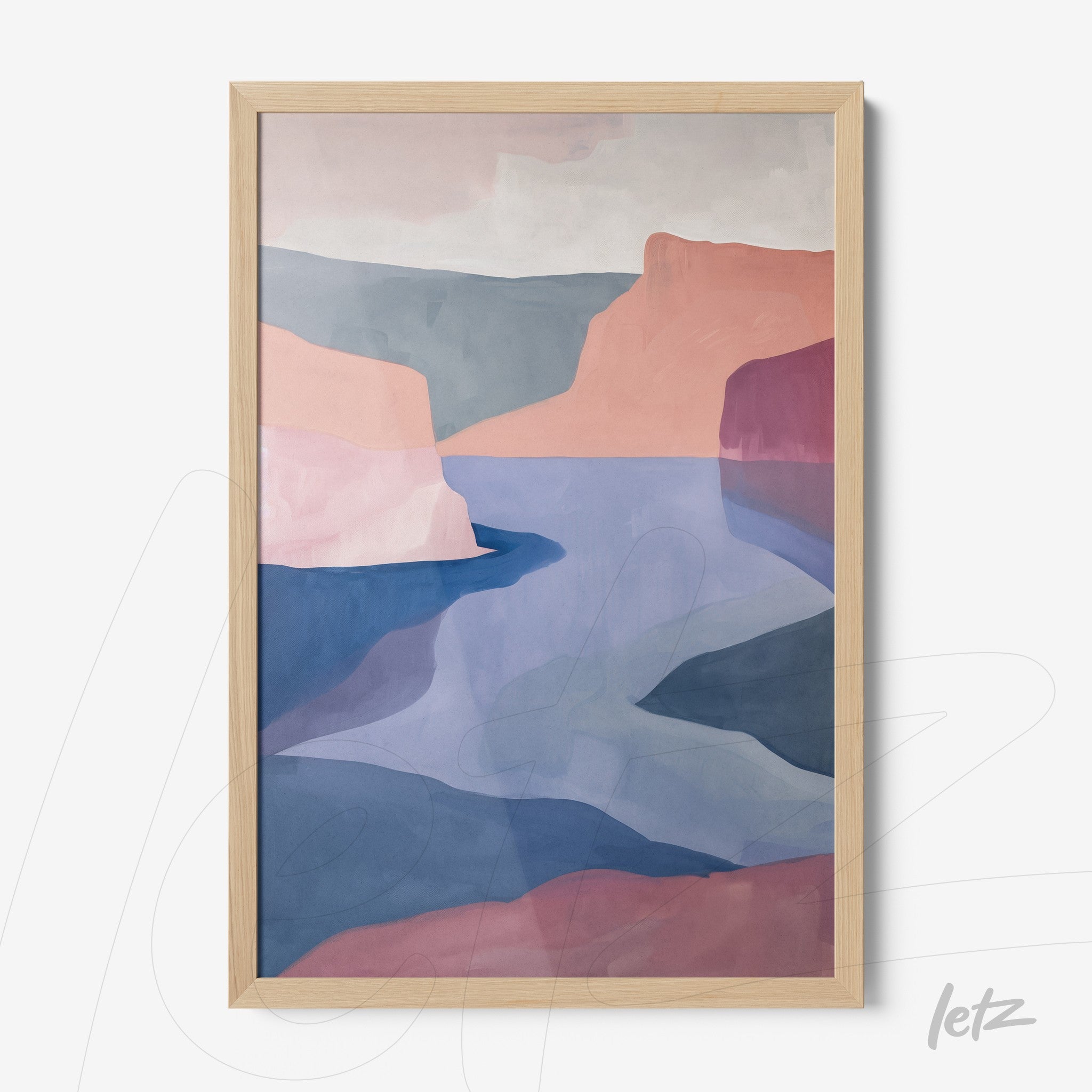 abstract landscape framed wall art with pink and blue gradients in light wood frame