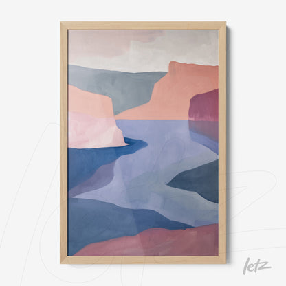 abstract landscape framed wall art with pink and blue gradients in light wood frame