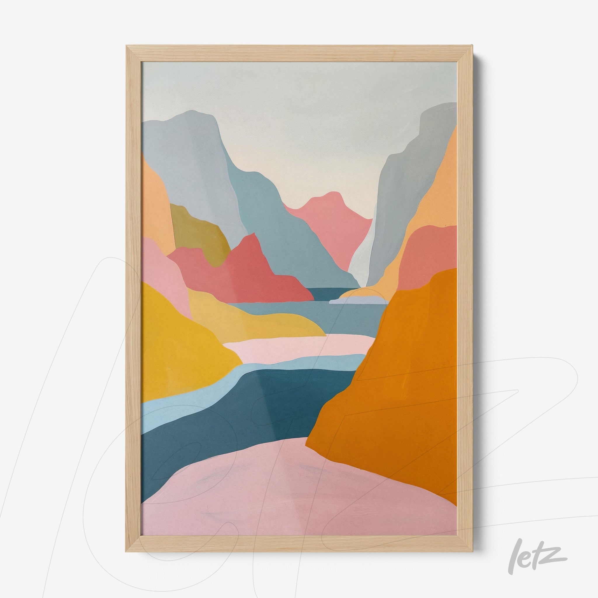 abstract artwork featuring pastel colored mountains and a river in a light wooden frame
