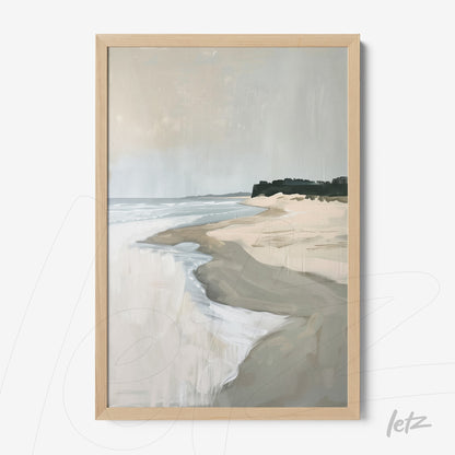 abstract art of a serene beach in light wood frame