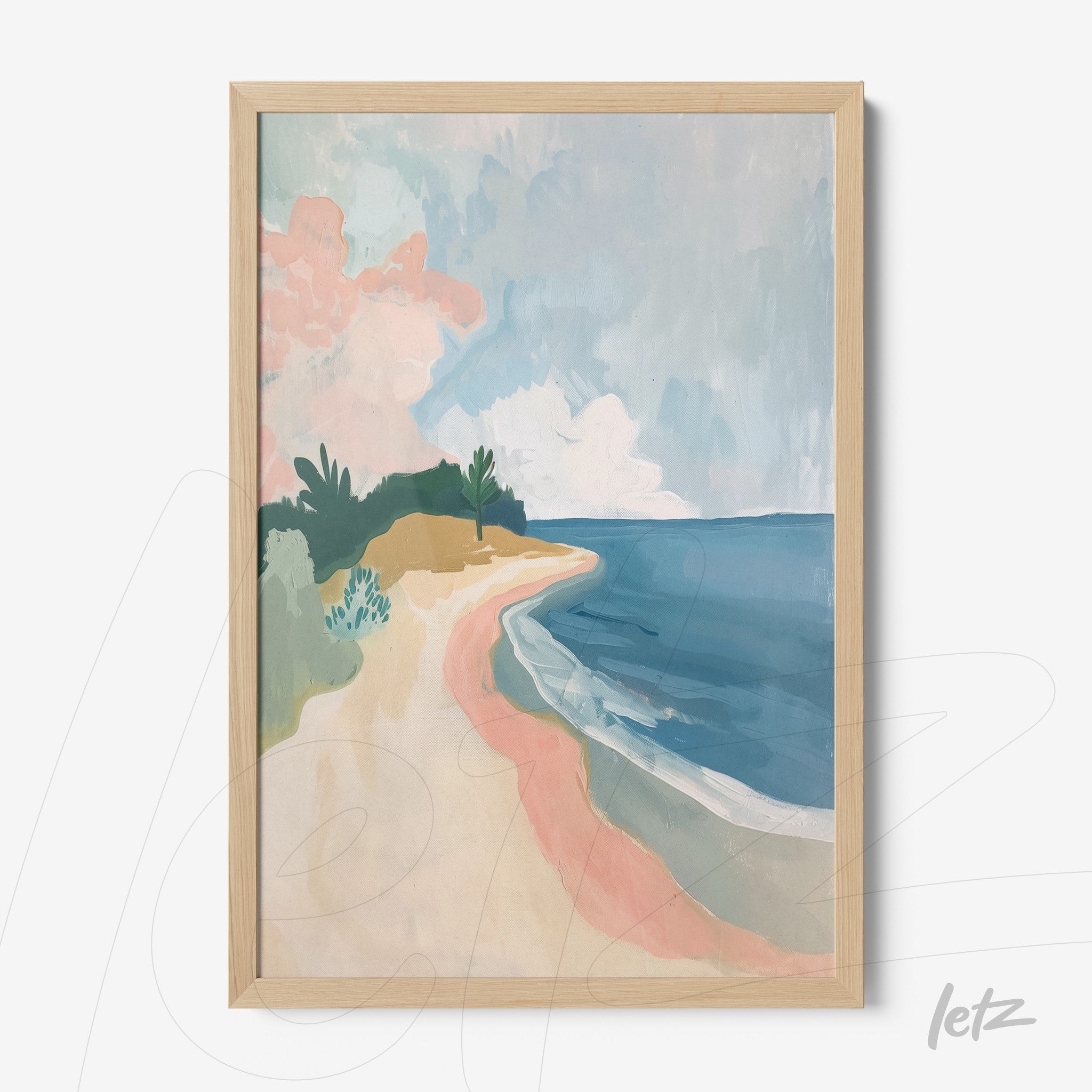 framed artwork depicting a soft-toned beach landscape in shades of blue and pink with light wood frame