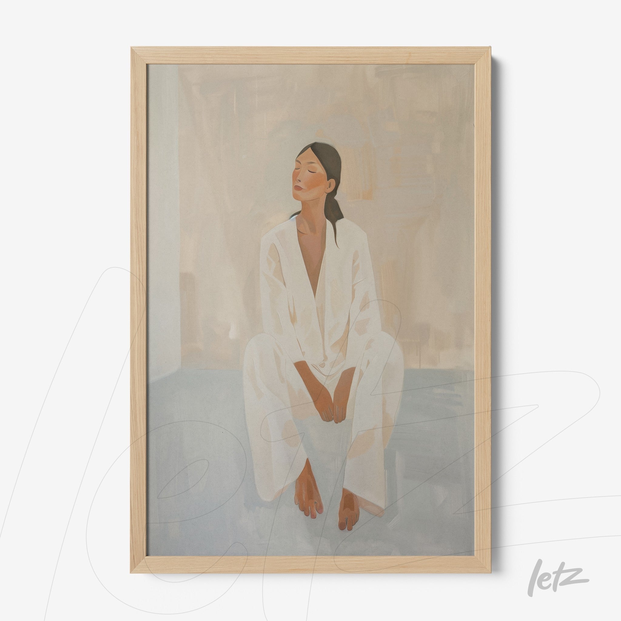framed art piece of a seated woman in white attire with light wooden frame