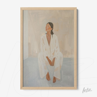 framed art piece of a seated woman in white attire with light wooden frame