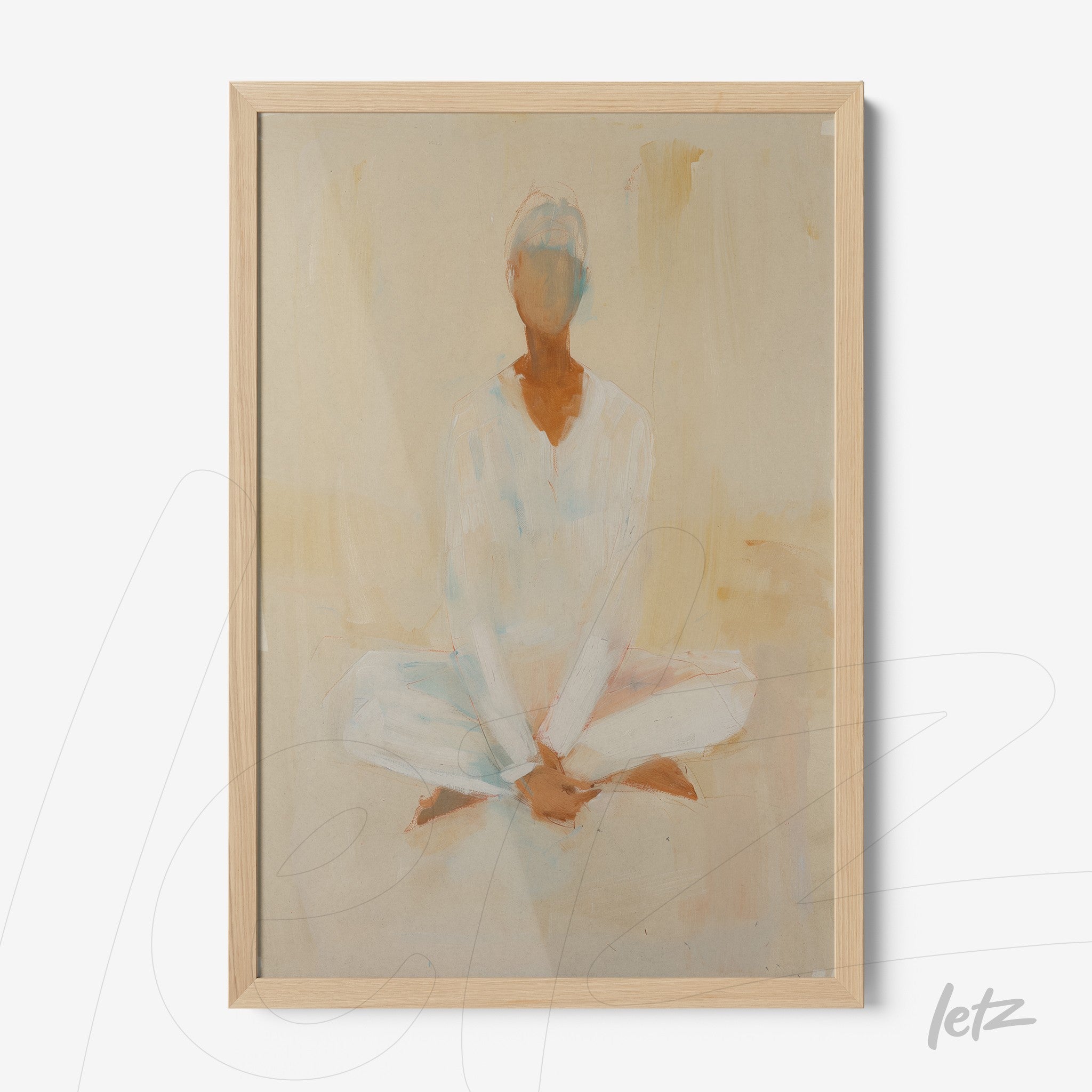 framed abstract artwork of a meditative figure sitting in lotus pose with soft earth-tone background and light wood frame