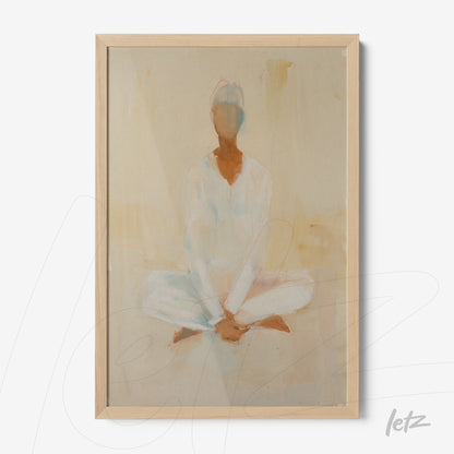 framed abstract artwork of a meditative figure sitting in lotus pose with soft earth-tone background and light wood frame