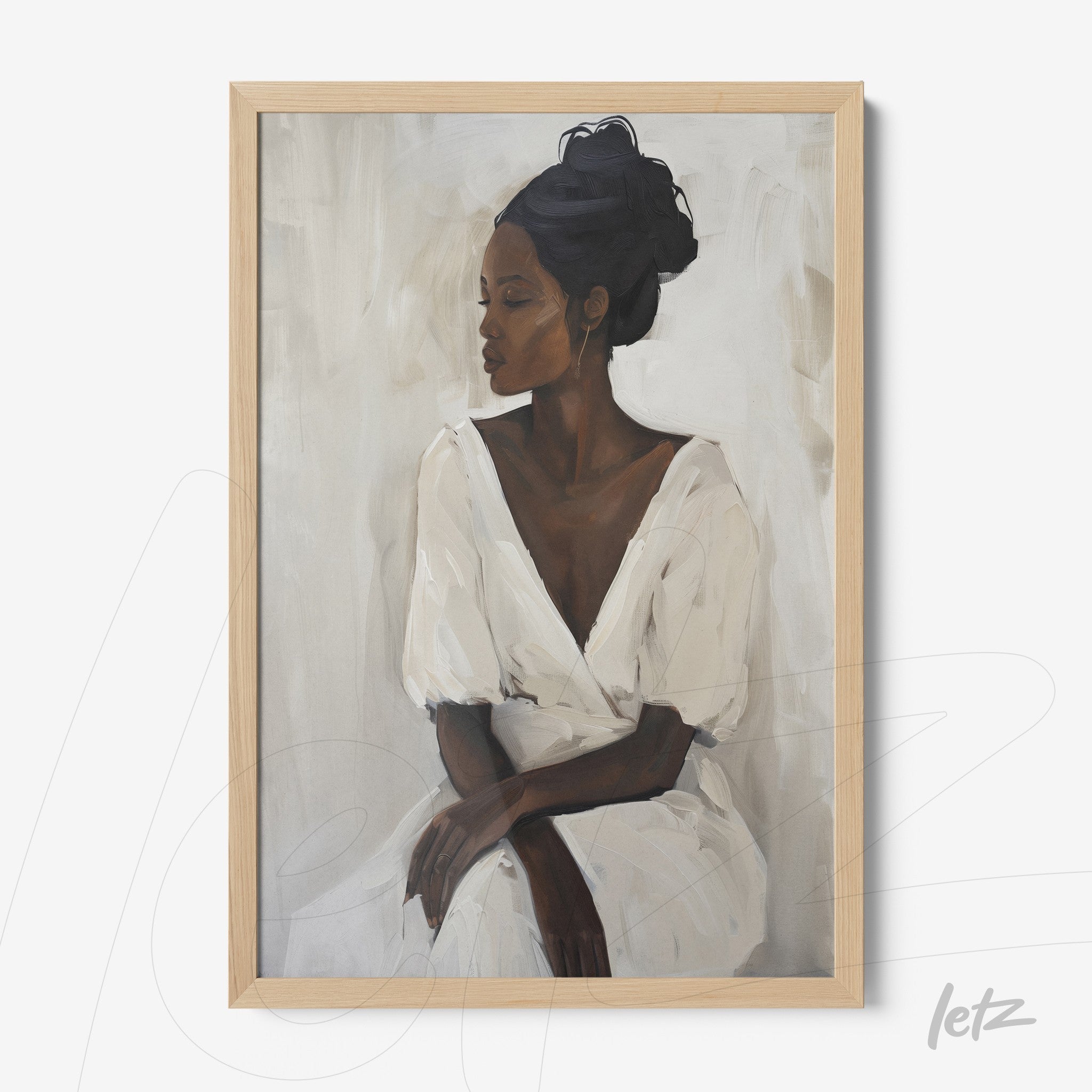framed art depicting a black woman in a white dress with light wood frame