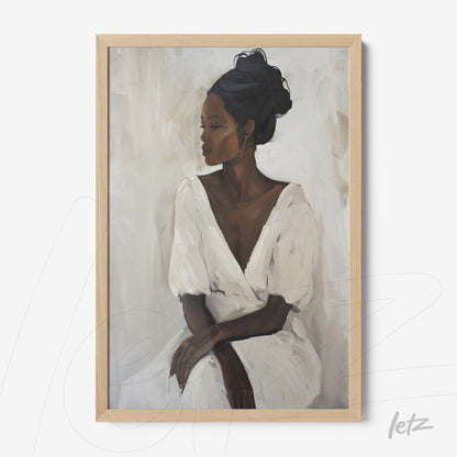 framed art depicting a black woman in a white dress with light wood frame