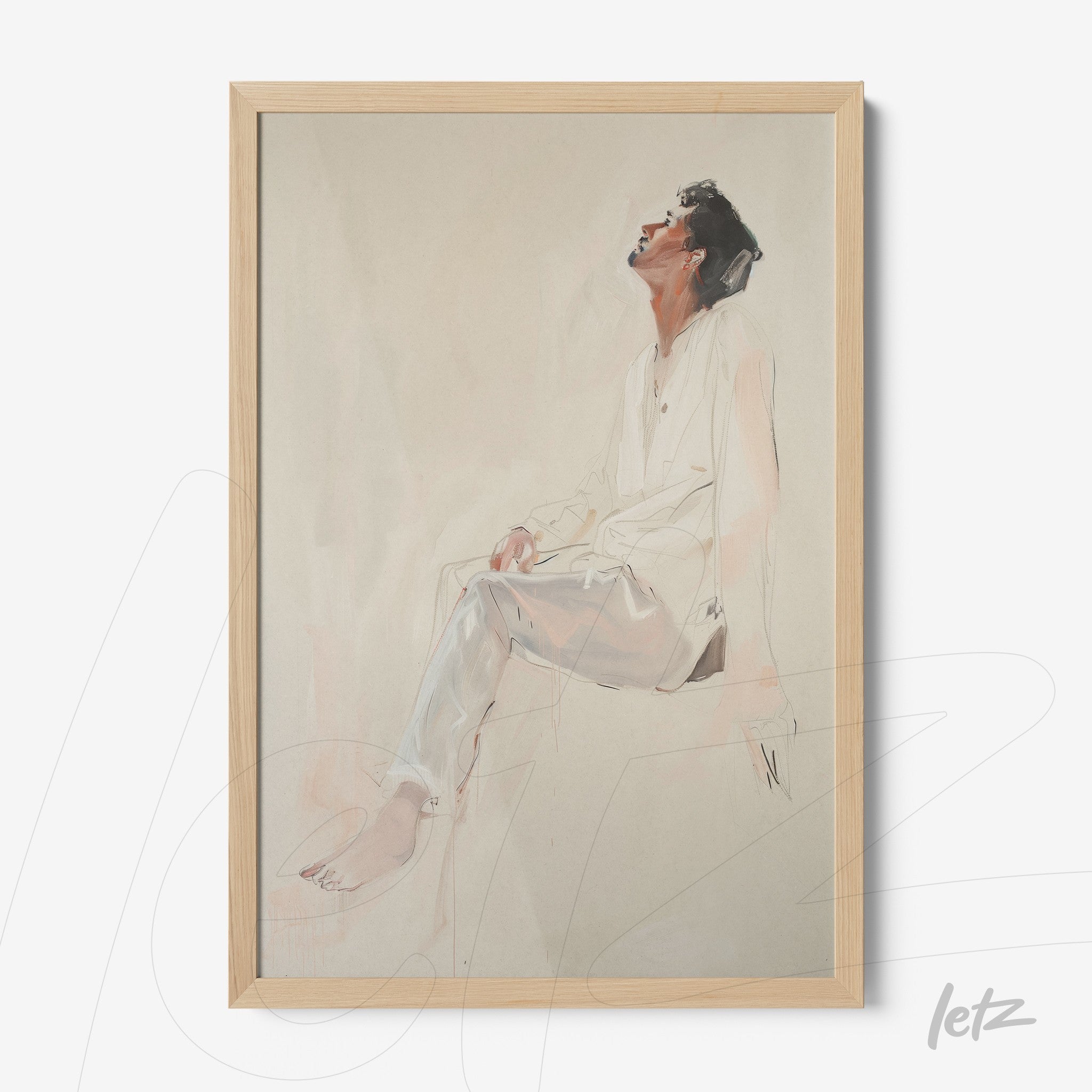 framed artwork of a seated male figure emphasizing facial expression and light clothing details, with a soft neutral tone background
