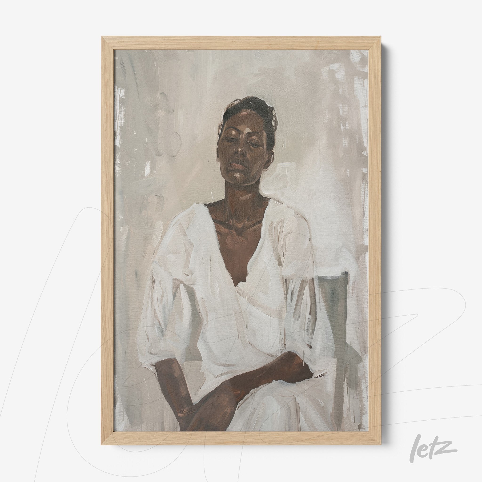 framed portrait of a woman in a white dress, featuring a neutral background and light wood frame