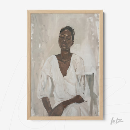 framed portrait of a woman in a white dress, featuring a neutral background and light wood frame