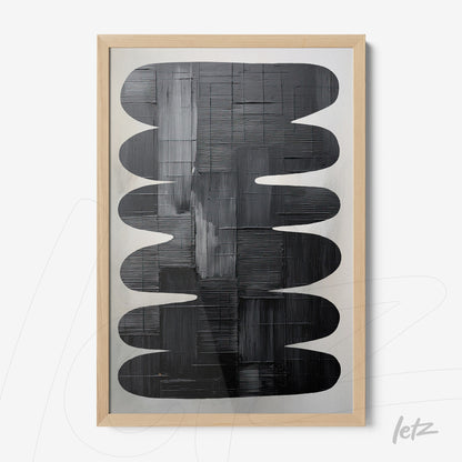 modern framed wall art featuring abstract black and white design with light wood frame