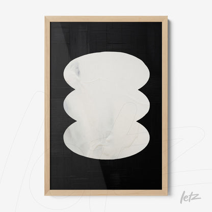 abstract art with white organic shapes on a black background, framed in light wood