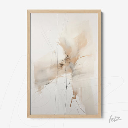 abstract wall art in neutral tones featuring brown and gray strokes in a light wood frame