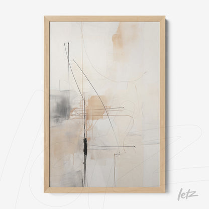 abstract art piece in light wood frame featuring black lines and earthy tones