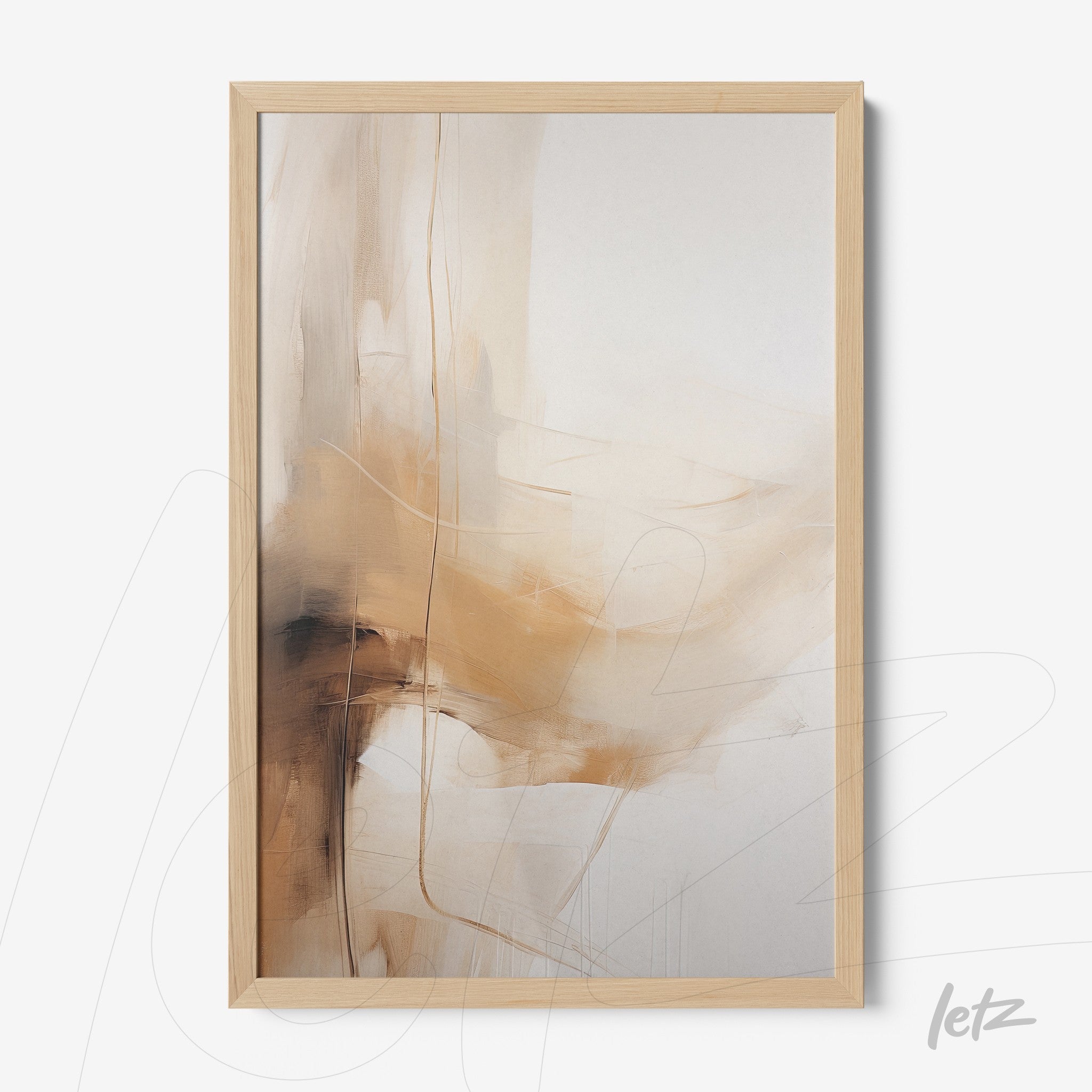 framed abstract art piece in earthy tones with light wood frame