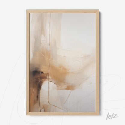 framed abstract art piece in earthy tones with light wood frame