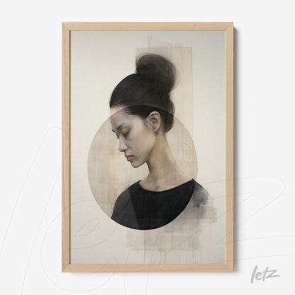 framed artwork of a woman in profile on a neutral background with light wood frame