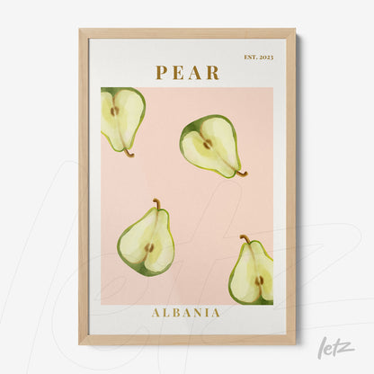 framed wall art featuring slices of pear on a pink background with light wood frame